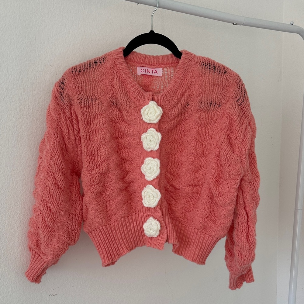 CINTA Women's Coral Cardigan with Cream Details - size Small